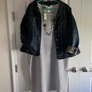 NEW Talbots White and Navy Striped Knit Dress with Braid Trim, 18W